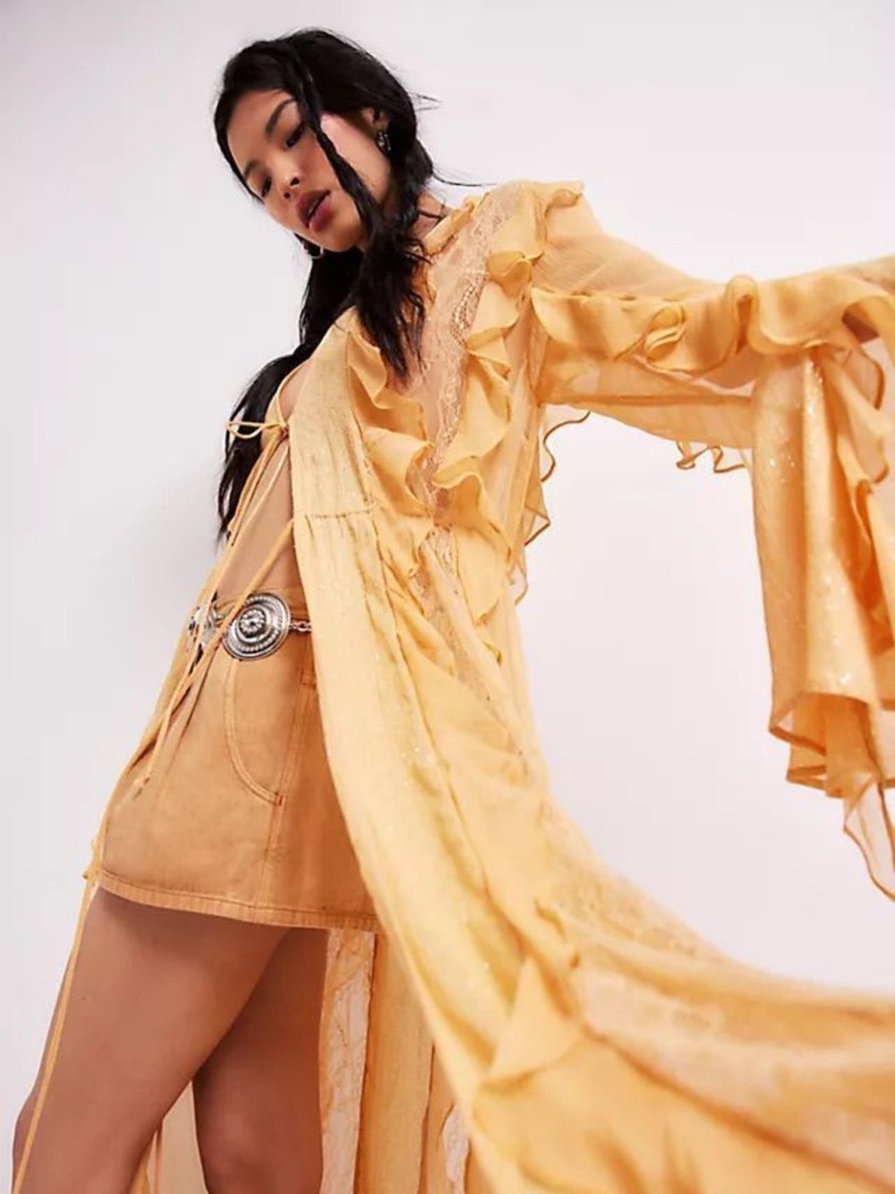 NWOT free people duster kimono XS Sheer Ruffle Maxi Kimono in melon orange